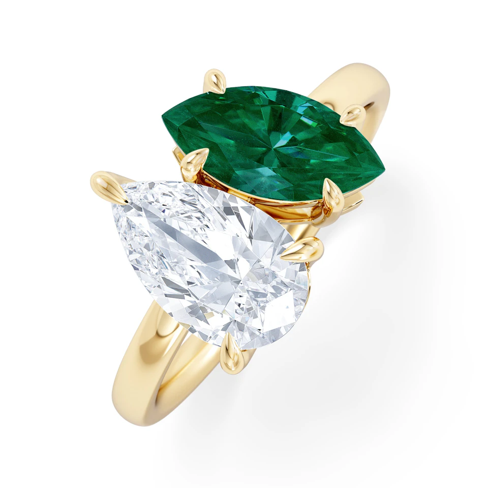 Toi Et Moi 1.50ct Pear Lab Diamond and 1.50ct Marquise Lab Emerald Engagement Ring in 18K Yellow Gold
