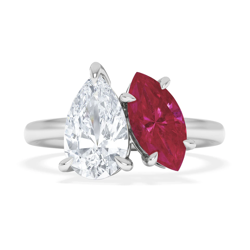 Toi Et Moi 1.50ct Pear Lab Diamond and 1.50ct Marquise Lab Ruby Engagement Ring in Platinum