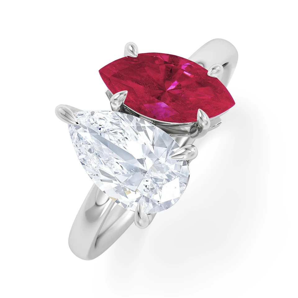 Toi Et Moi 1.50ct Pear Lab Diamond and 1.50ct Marquise Lab Ruby Engagement Ring in Platinum