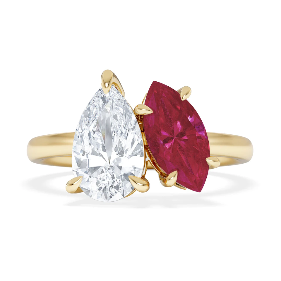 Toi Et Moi 1.50ct Pear Lab Diamond and 1.50ct Marquise Lab Ruby Engagement Ring in 18K Yellow Gold