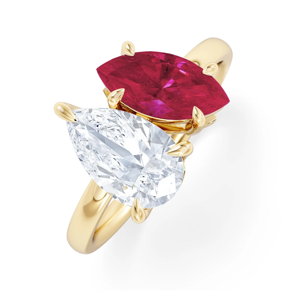 Toi Et Moi 1.50ct Pear Lab Diamond and 1.50ct Marquise Lab Ruby Engagement Ring in 18K Yellow Gold