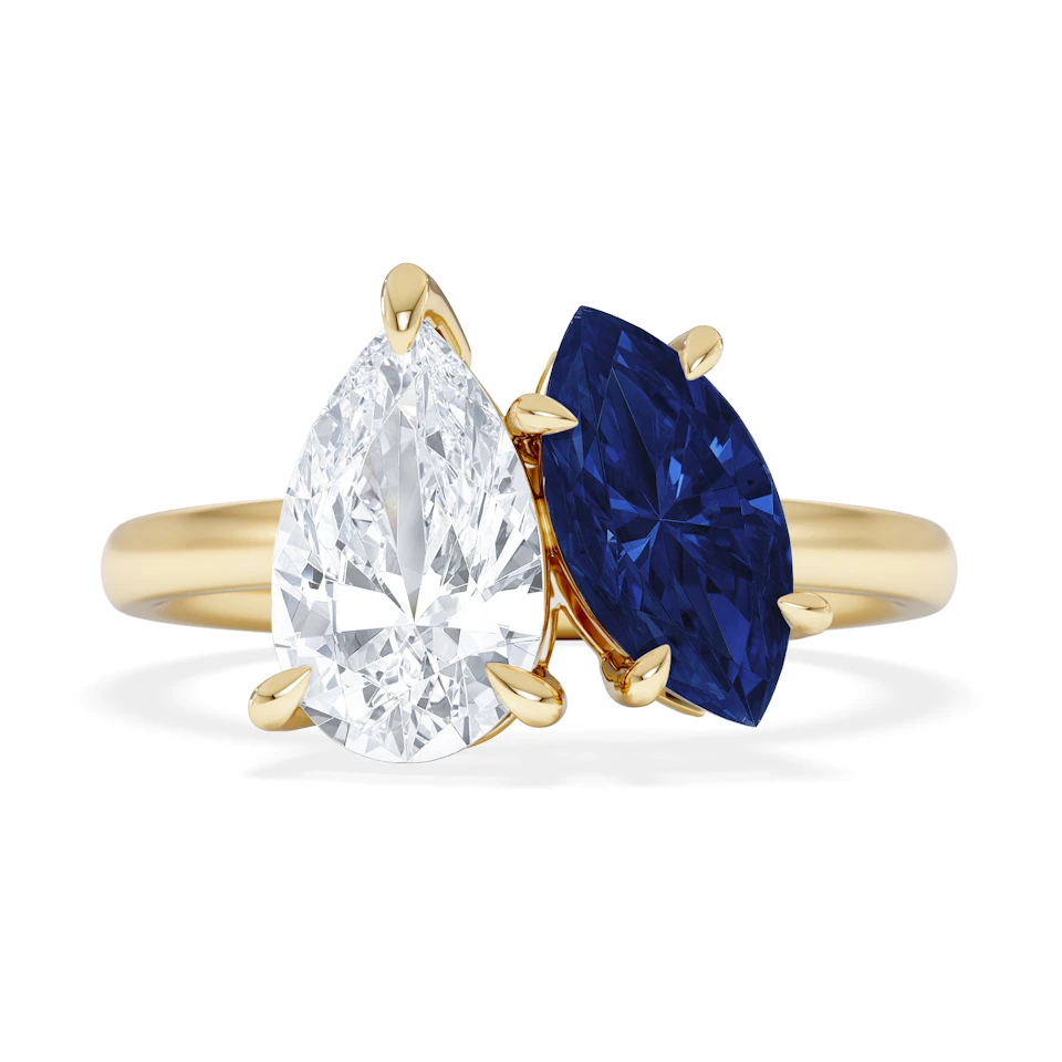 Toi Et Moi 1.50ct Pear Lab Diamond and 1.50ct Marquise Lab Sapphire Engagement Ring in 18K Yellow Gold