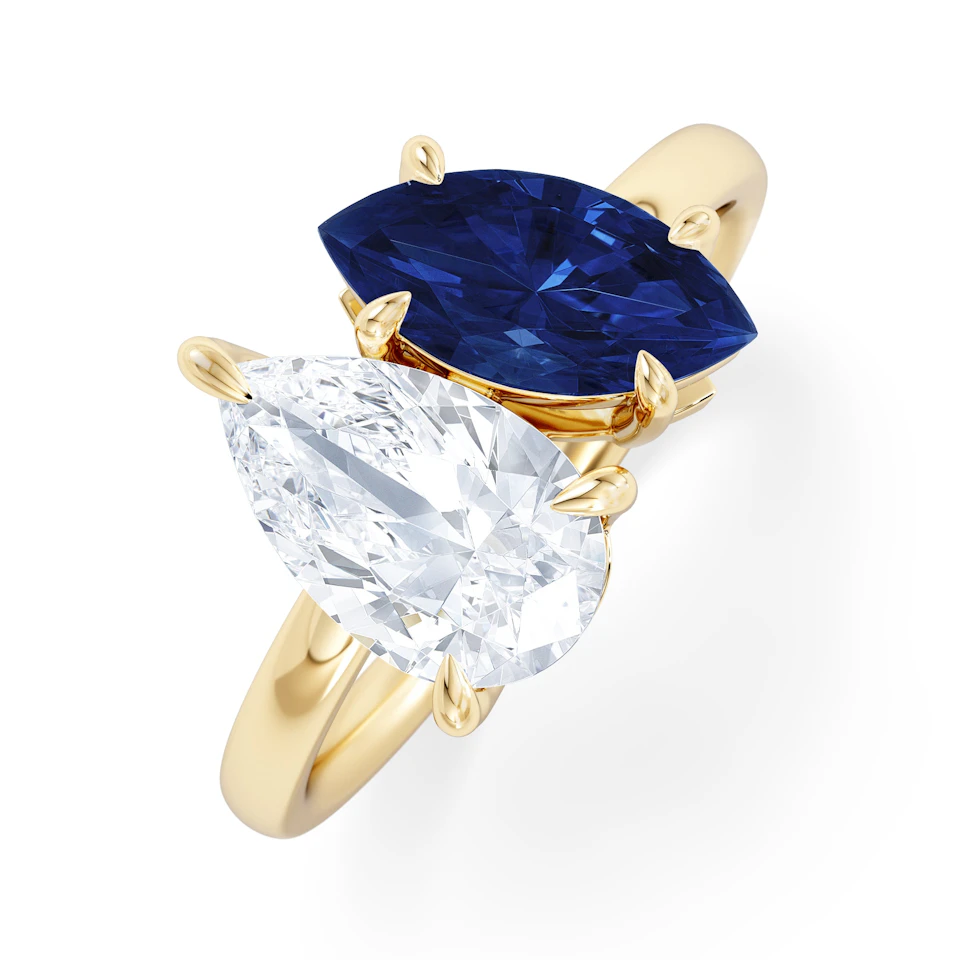 Toi Et Moi 1.50ct Pear Lab Diamond and 1.50ct Marquise Lab Sapphire Engagement Ring in 18K Yellow Gold