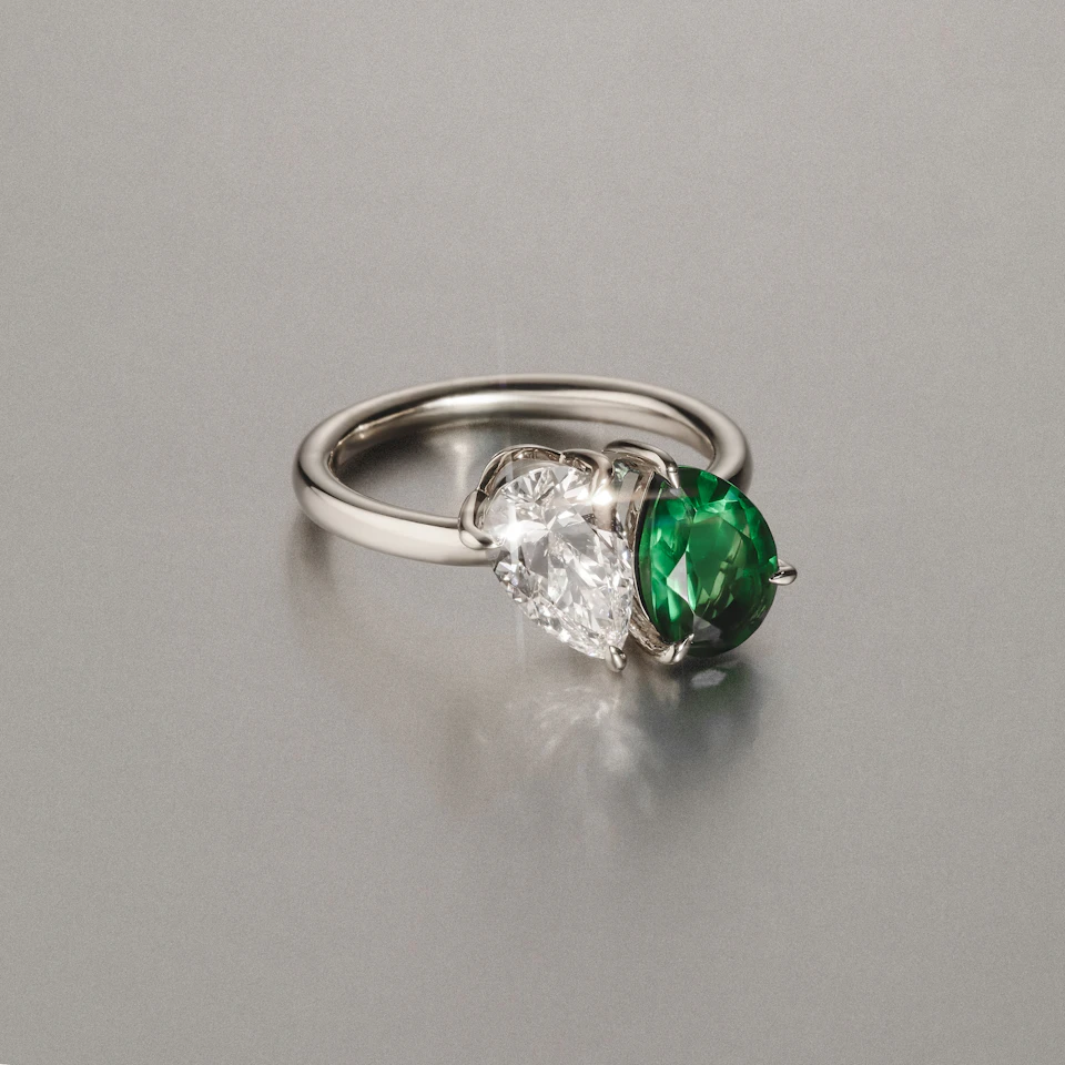 Toi Et Moi 1.50ct Pear Lab Diamond and 2.60ct Pear Lab Emerald Engagement Ring in Platinum