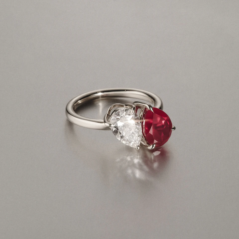 Toi Et Moi 1.50ct Pear Lab Diamond and 2.60ct Pear Lab Ruby Engagement Ring in Platinum