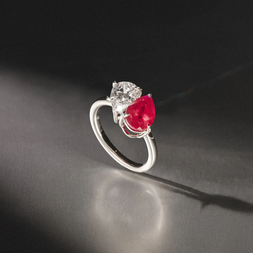 Toi Et Moi 1.50ct Pear Lab Diamond and 2.60ct Pear Lab Ruby Engagement Ring in Platinum