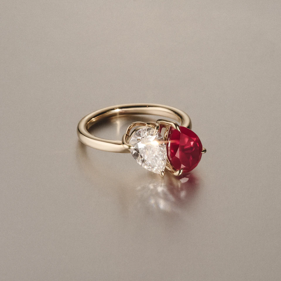 Toi Et Moi 1.50ct Pear Lab Diamond and 2.60ct Pear Lab Ruby Engagement Ring in 18K Yellow Gold