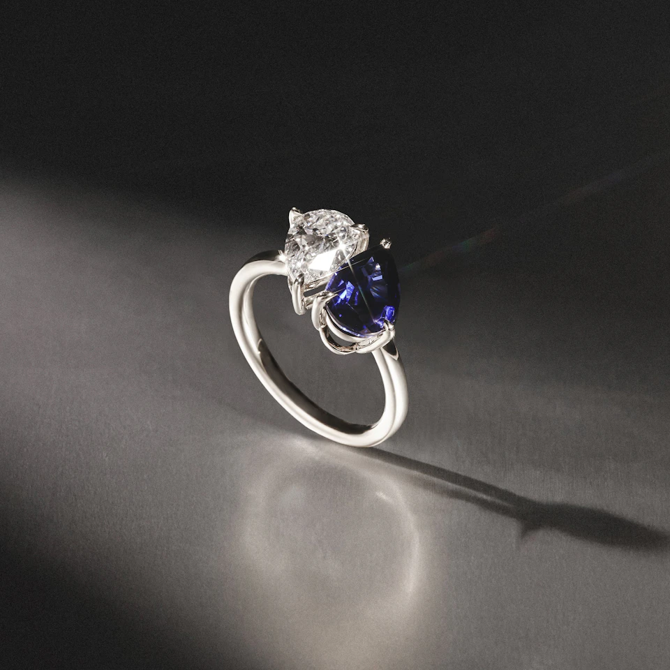 Toi Et Moi 1.50ct Pear Lab Diamond and 2.60ct Pear Lab Sapphire Engagement Ring in Platinum
