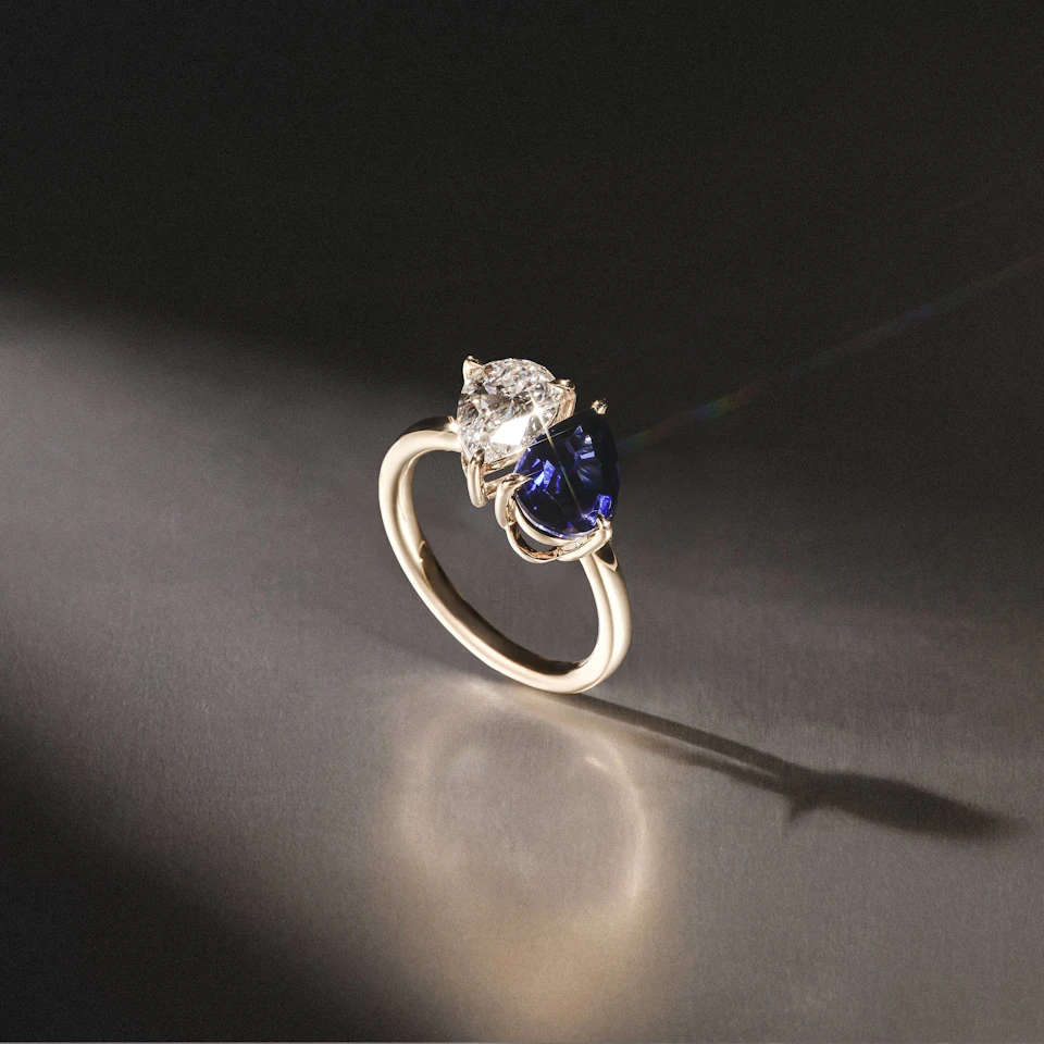 Toi Et Moi 1.50ct Pear Lab Diamond and 2.60ct Pear Lab Sapphire Engagement Ring in 18K Yellow Gold