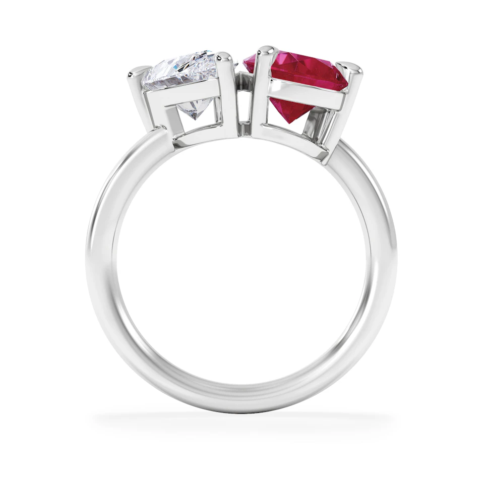 Toi Et Moi 1.50ct Pear Lab Diamond and 2.60ct Pear Lab Ruby Engagement Ring in Platinum