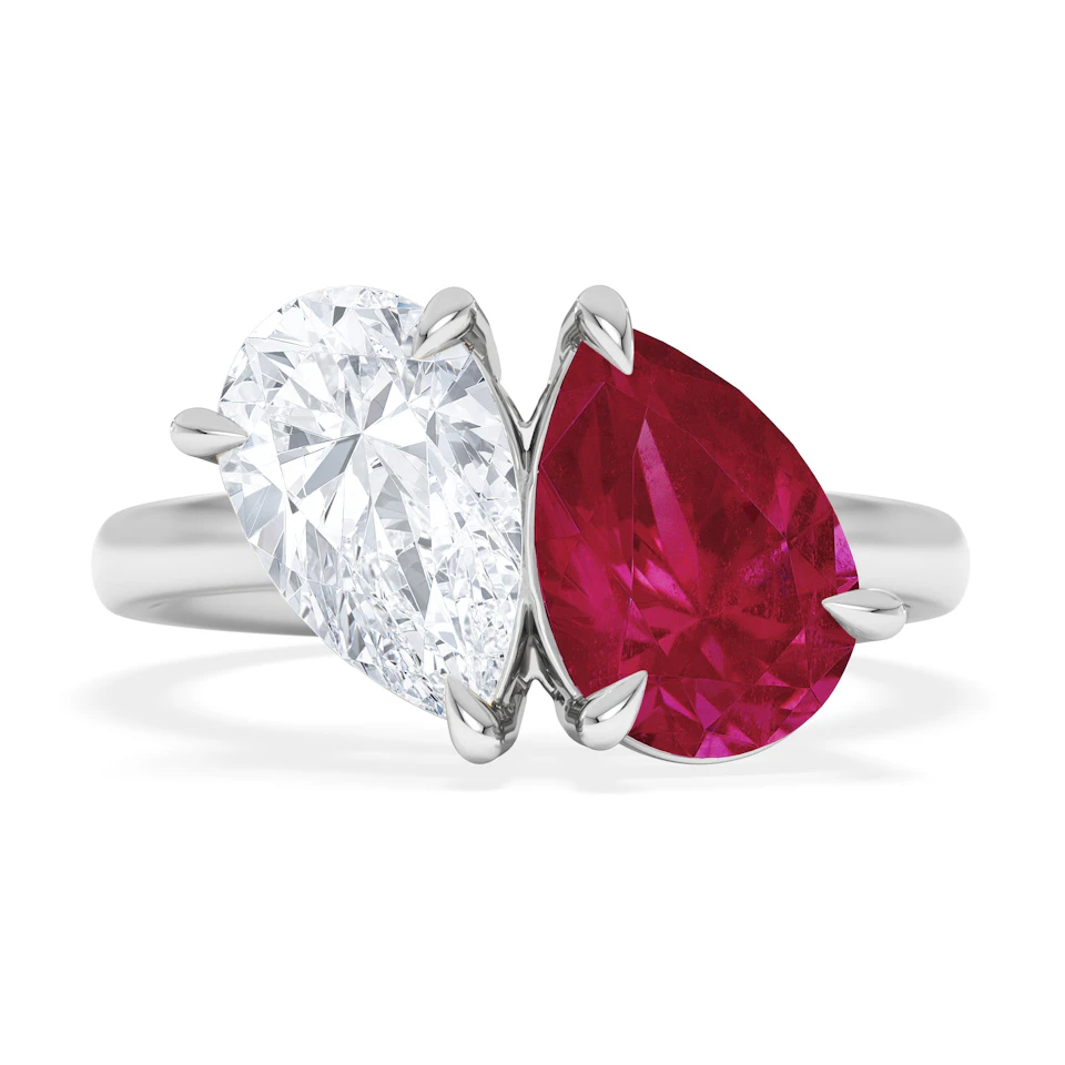 Toi Et Moi 1.50ct Pear Lab Diamond and 2.60ct Pear Lab Ruby Engagement Ring in Platinum