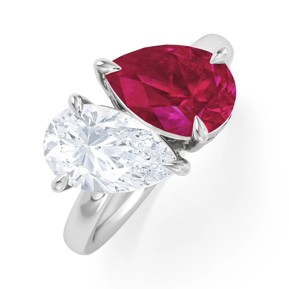 Toi Et Moi 1.50ct Pear Lab Diamond and 2.60ct Pear Lab Ruby Engagement Ring in Platinum