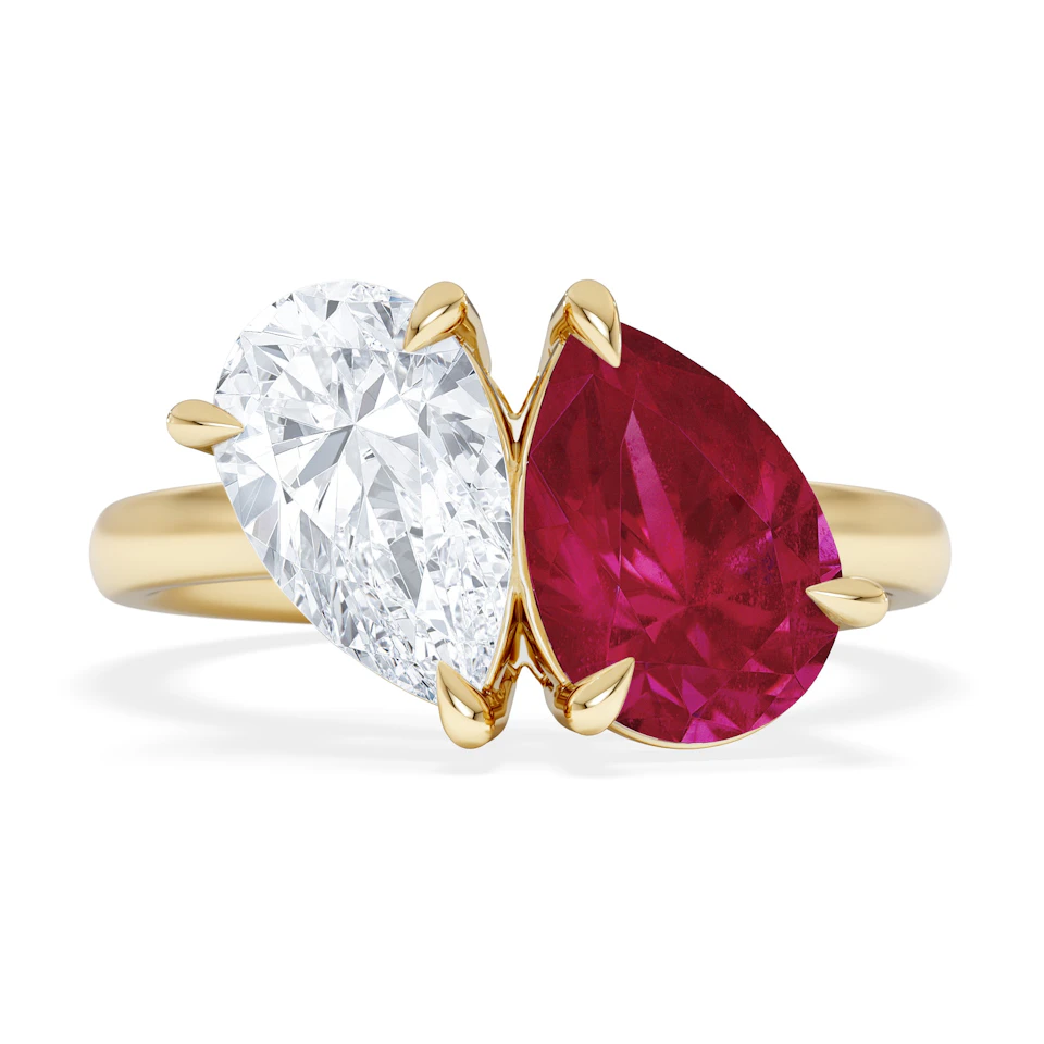 Toi Et Moi 1.50ct Pear Lab Diamond and 2.60ct Pear Lab Ruby Engagement Ring in 18K Yellow Gold