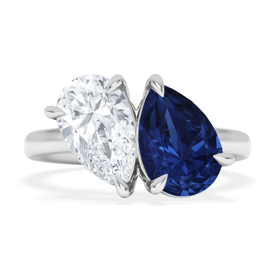 Toi Et Moi 1.50ct Pear Lab Diamond and 2.60ct Pear Lab Sapphire Engagement Ring in Platinum