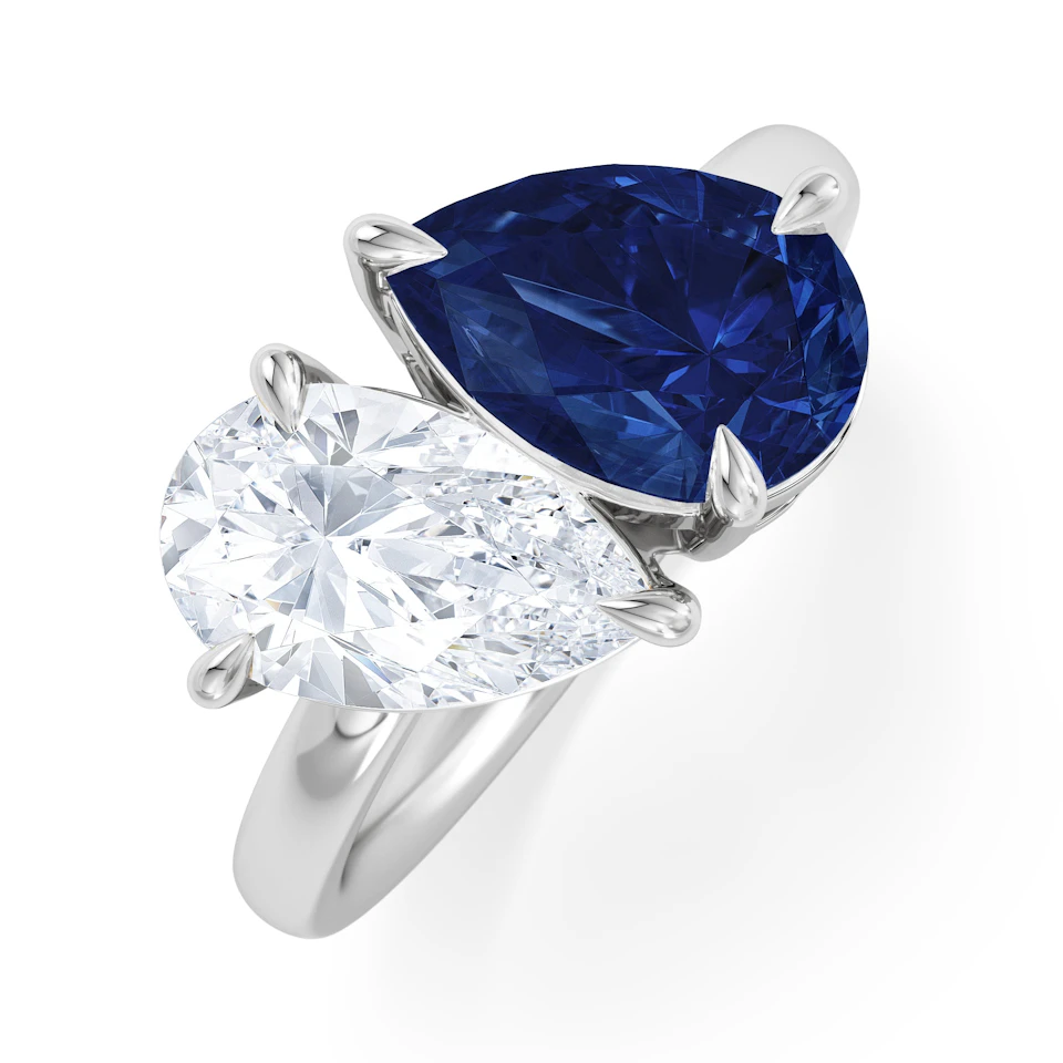 Toi Et Moi 1.50ct Pear Lab Diamond and 2.60ct Pear Lab Sapphire Engagement Ring in Platinum