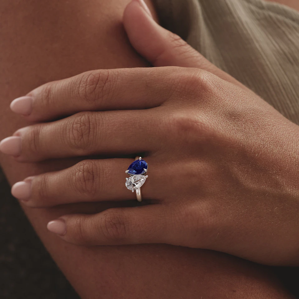 Toi Et Moi 1.50ct Pear Lab Diamond and 2.60ct Pear Lab Sapphire Engagement Ring in Platinum
