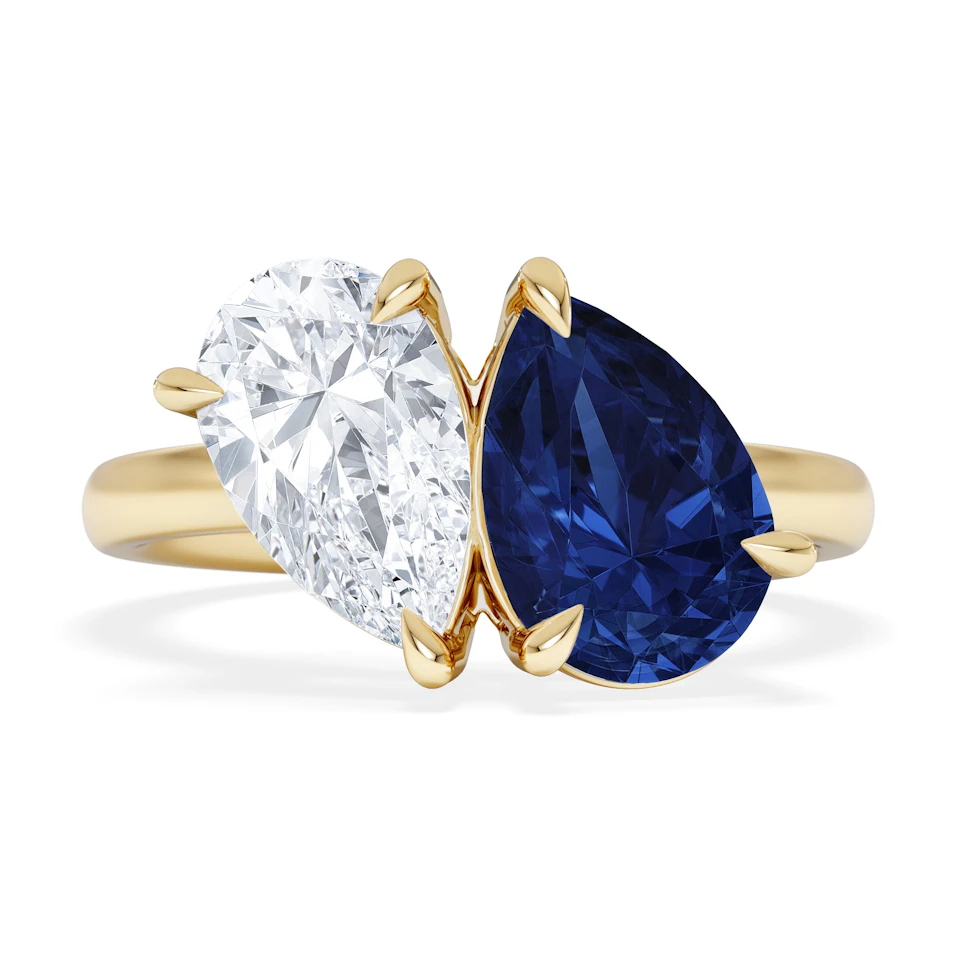 Toi Et Moi 1.50ct Pear Lab Diamond and 2.60ct Pear Lab Sapphire Engagement Ring in 18K Yellow Gold
