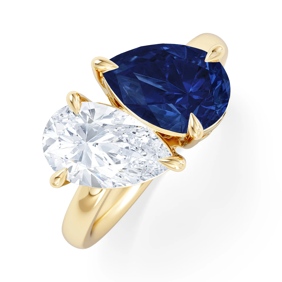 Toi Et Moi 1.50ct Pear Lab Diamond and 2.60ct Pear Lab Sapphire Engagement Ring in 18K Yellow Gold