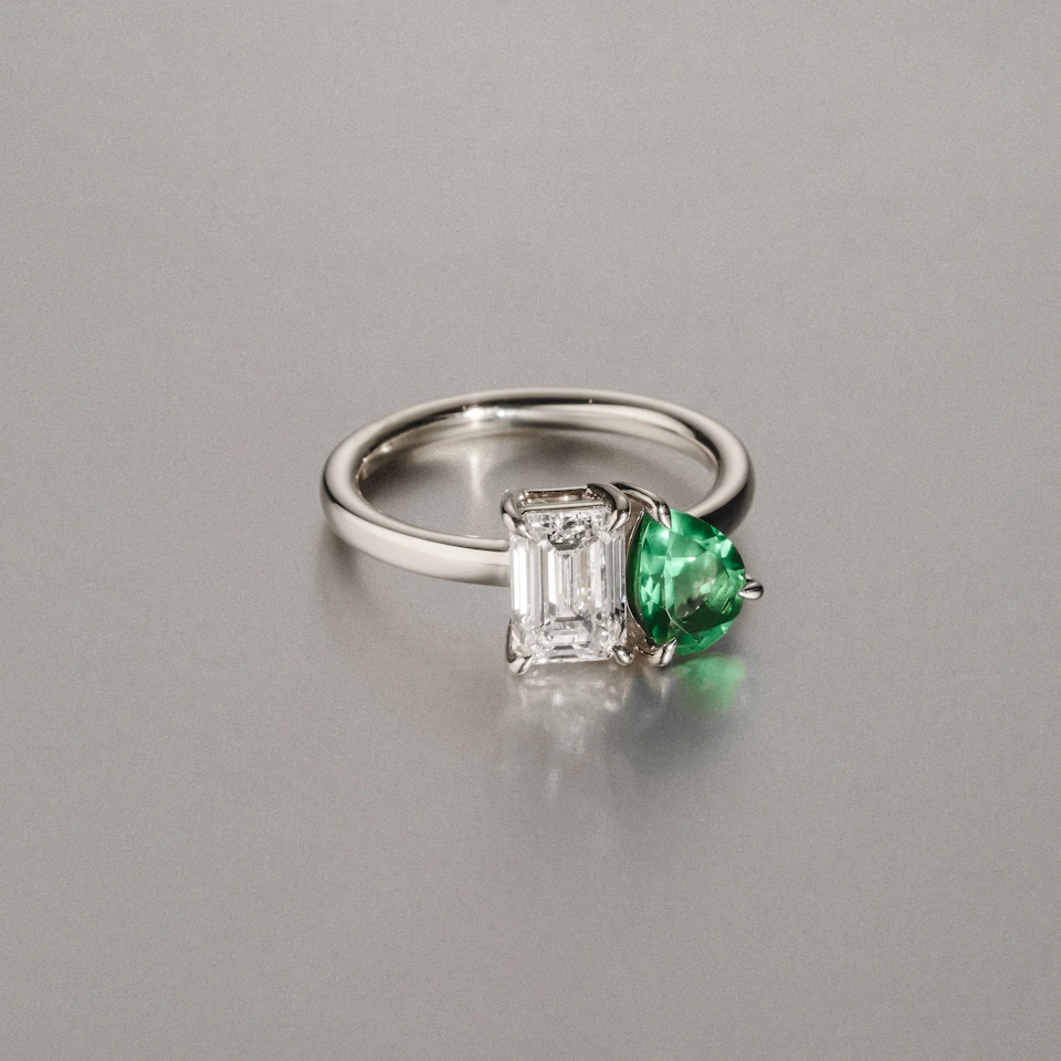 Toi Et Moi 1.50ct Emerald Cut Lab Diamond and 1.50ct Pear Lab Emerald Engagement Ring in Platinum