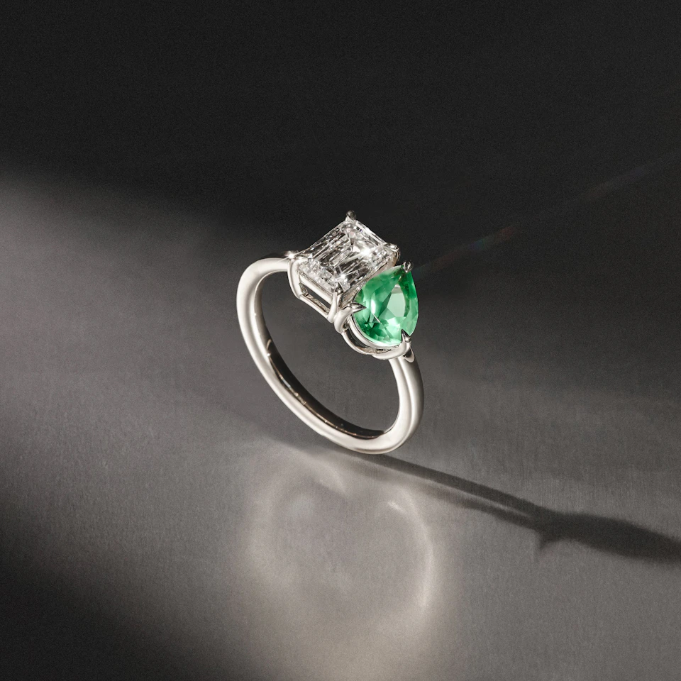 Toi Et Moi 1.50ct Emerald Cut Lab Diamond and 1.50ct Pear Lab Emerald Engagement Ring in Platinum