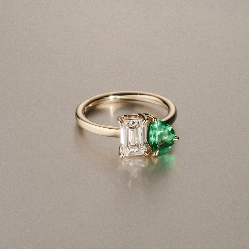 Toi Et Moi 1.50ct Emerald Cut Lab Diamond and 1.50ct Pear Lab Emerald Engagement Ring in 18K Yellow Gold