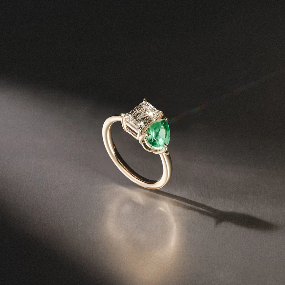 Toi Et Moi 1.50ct Emerald Cut Lab Diamond and 1.50ct Pear Lab Emerald Engagement Ring in 18K Yellow Gold