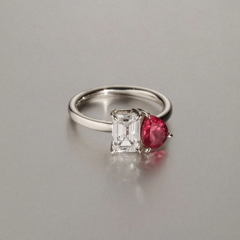 Toi Et Moi 1.50ct Emerald Cut Lab Diamond and 1.50ct Pear Lab Ruby Engagement Ring in Platinum