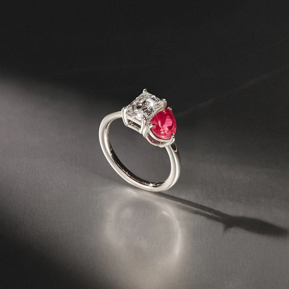 Toi Et Moi 1.50ct Emerald Cut Lab Diamond and 1.50ct Pear Lab Ruby Engagement Ring in Platinum