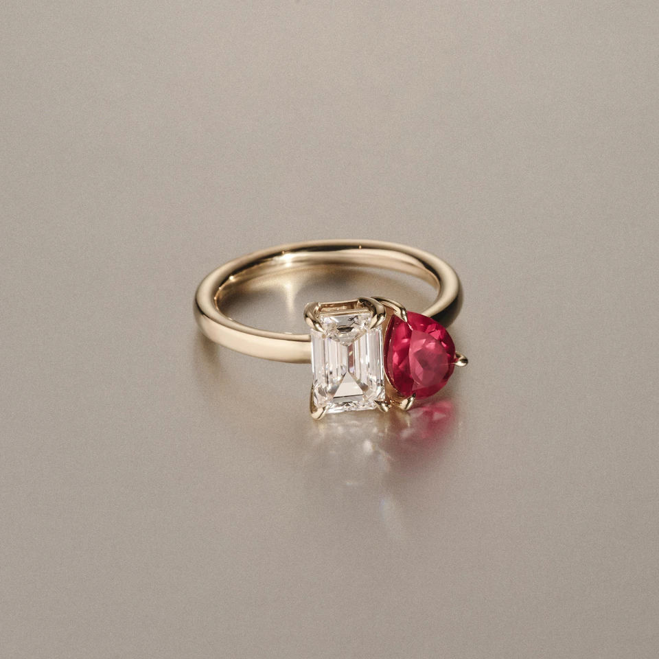 Toi Et Moi 1.50ct Emerald Cut Lab Diamond and 1.50ct Pear Lab Ruby Engagement Ring in 18K Yellow Gold