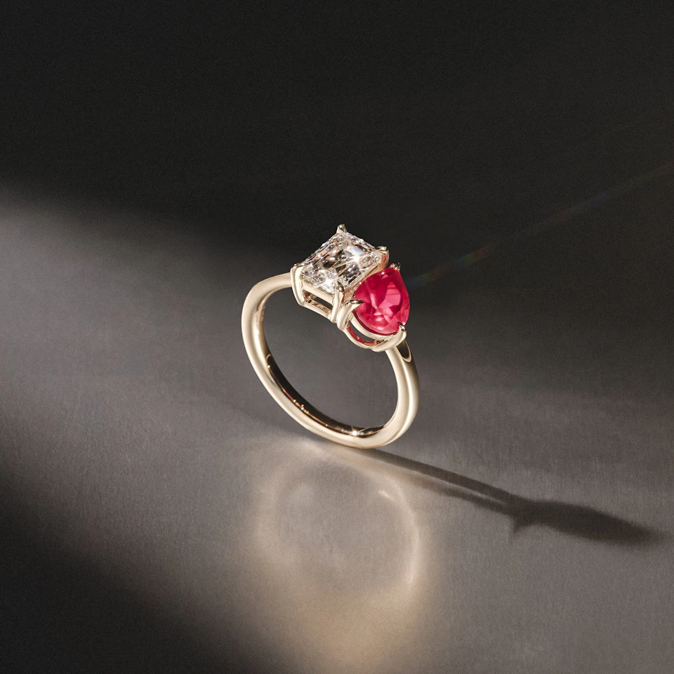 Toi Et Moi 1.50ct Emerald Cut Lab Diamond and 1.50ct Pear Lab Ruby Engagement Ring in 18K Yellow Gold