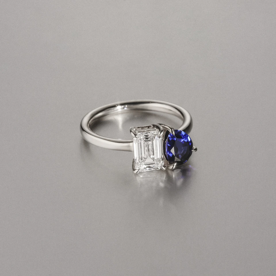 Toi Et Moi 1.50ct Emerald Cut Lab Diamond and 1.50ct Pear Lab Sapphire Engagement Ring in Platinum