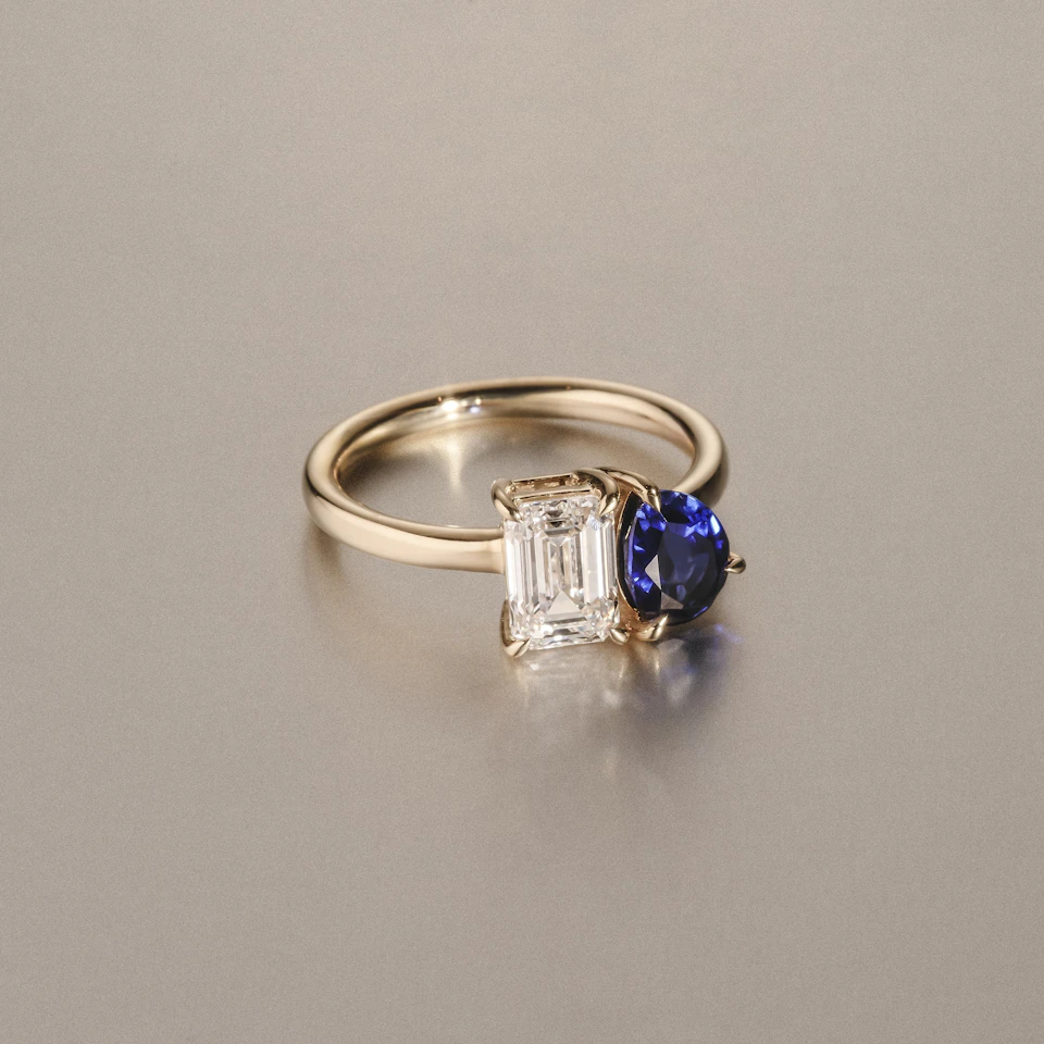 Toi Et Moi 1.50ct Emerald Cut Lab Diamond and 1.50ct Pear Lab Sapphire Engagement Ring in 18K Yellow Gold
