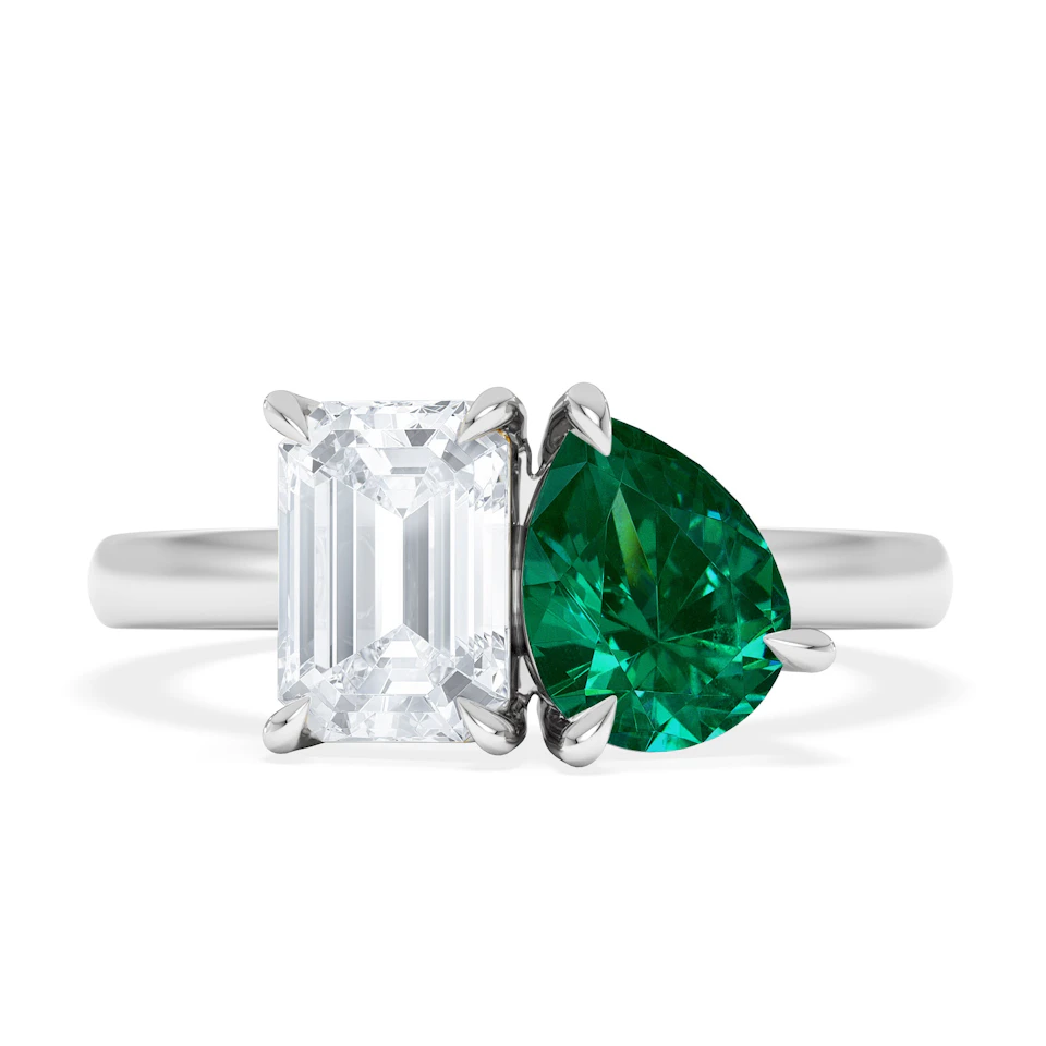 Toi Et Moi 1.50ct Emerald Cut Lab Diamond and 1.50ct Pear Lab Emerald Engagement Ring in Platinum