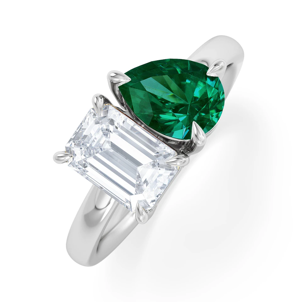 Toi Et Moi 1.50ct Emerald Cut Lab Diamond and 1.50ct Pear Lab Emerald Engagement Ring in Platinum