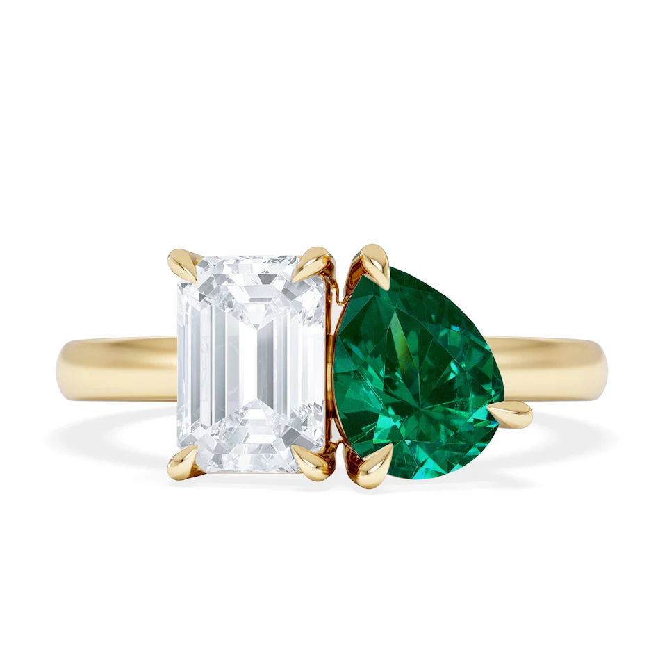 Toi Et Moi 1.50ct Emerald Cut Lab Diamond and 1.50ct Pear Lab Emerald Engagement Ring in 18K Yellow Gold