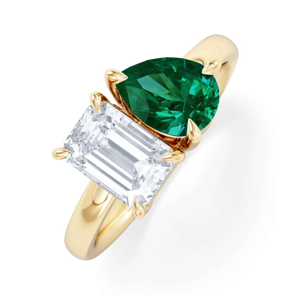 Toi Et Moi 1.50ct Emerald Cut Lab Diamond and 1.50ct Pear Lab Emerald Engagement Ring in 18K Yellow Gold