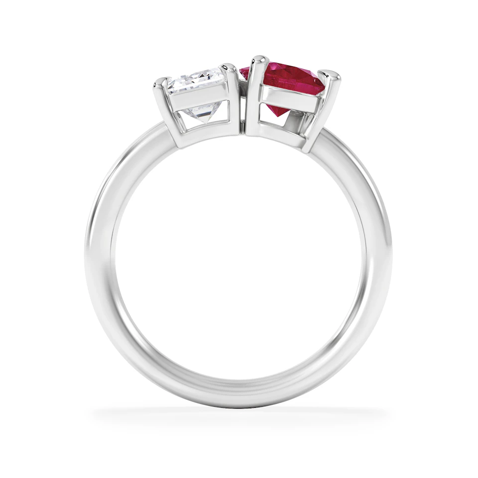 Toi Et Moi 1.50ct Emerald Cut Lab Diamond and 1.50ct Pear Lab Ruby Engagement Ring in Platinum