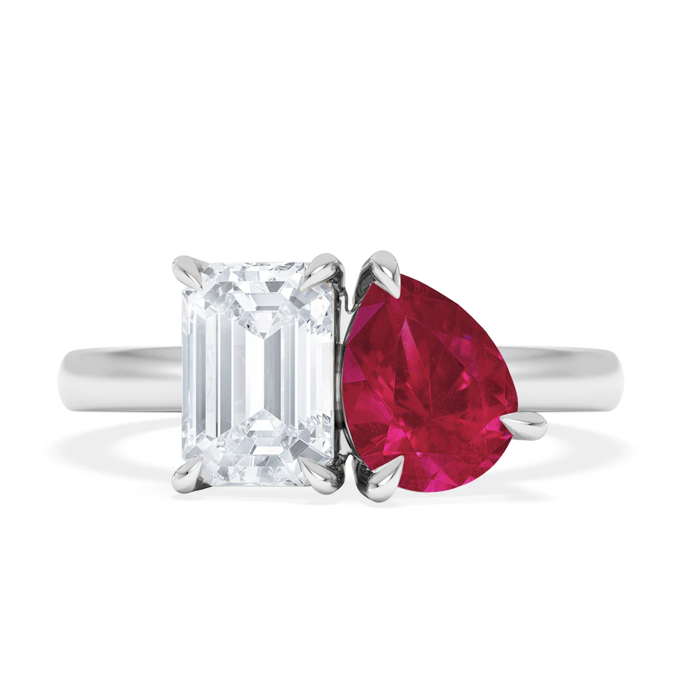 Toi Et Moi 1.50ct Emerald Cut Lab Diamond and 1.50ct Pear Lab Ruby Engagement Ring in Platinum