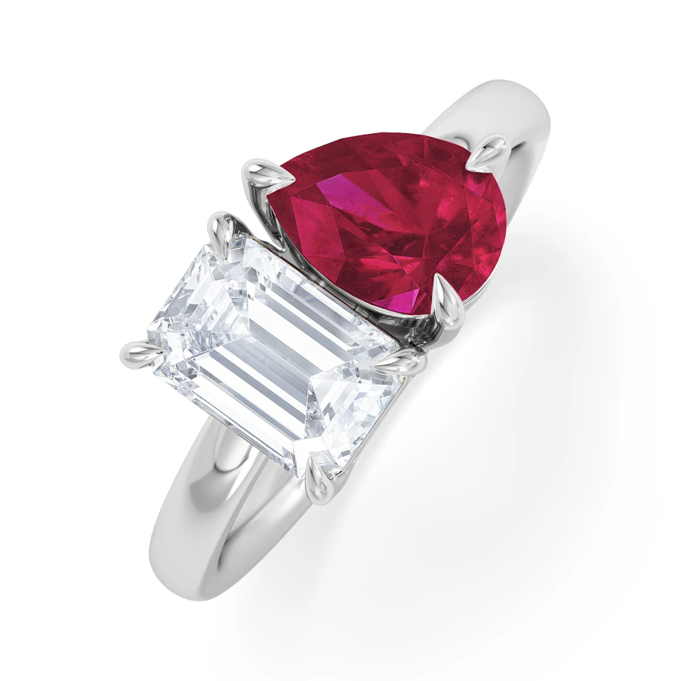 Toi Et Moi 1.50ct Emerald Cut Lab Diamond and 1.50ct Pear Lab Ruby Engagement Ring in Platinum