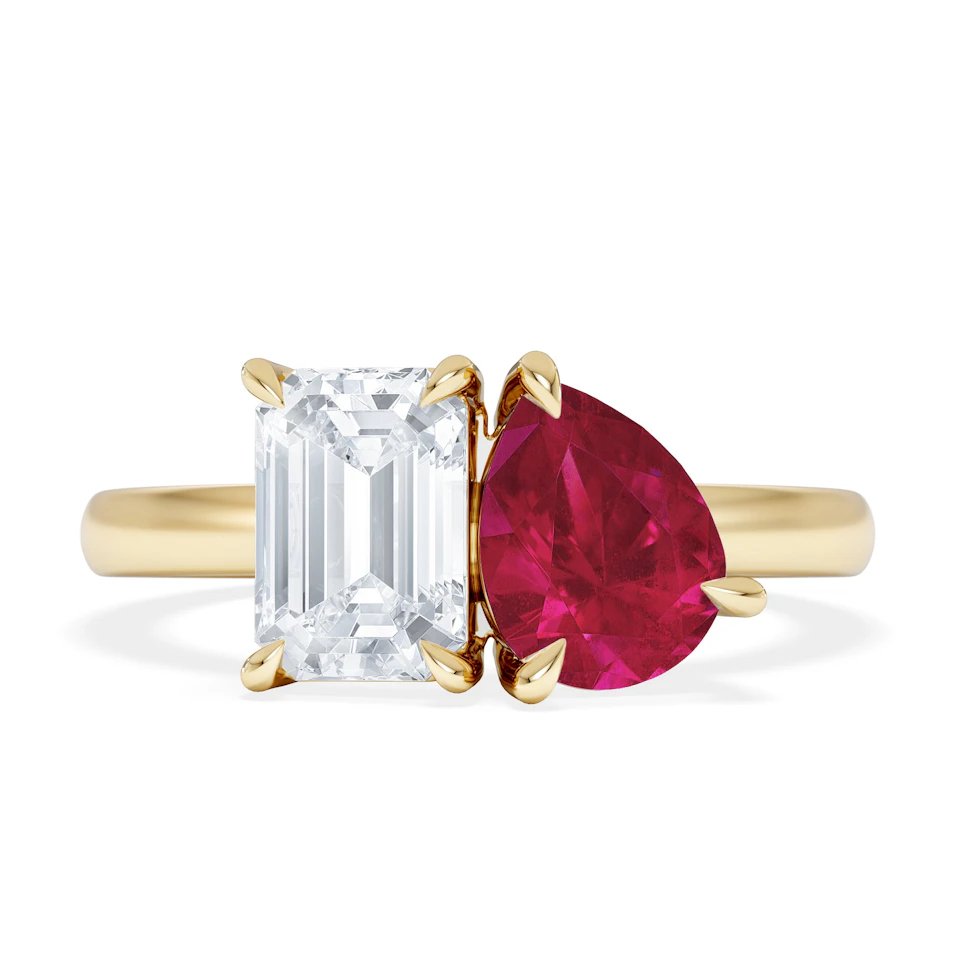 Toi Et Moi 1.50ct Emerald Cut Lab Diamond and 1.50ct Pear Lab Ruby Engagement Ring in 18K Yellow Gold
