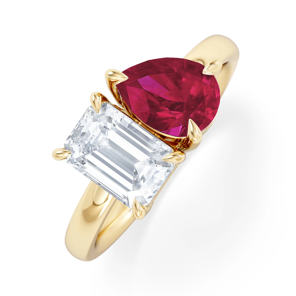 Toi Et Moi 1.50ct Emerald Cut Lab Diamond and 1.50ct Pear Lab Ruby Engagement Ring in 18K Yellow Gold