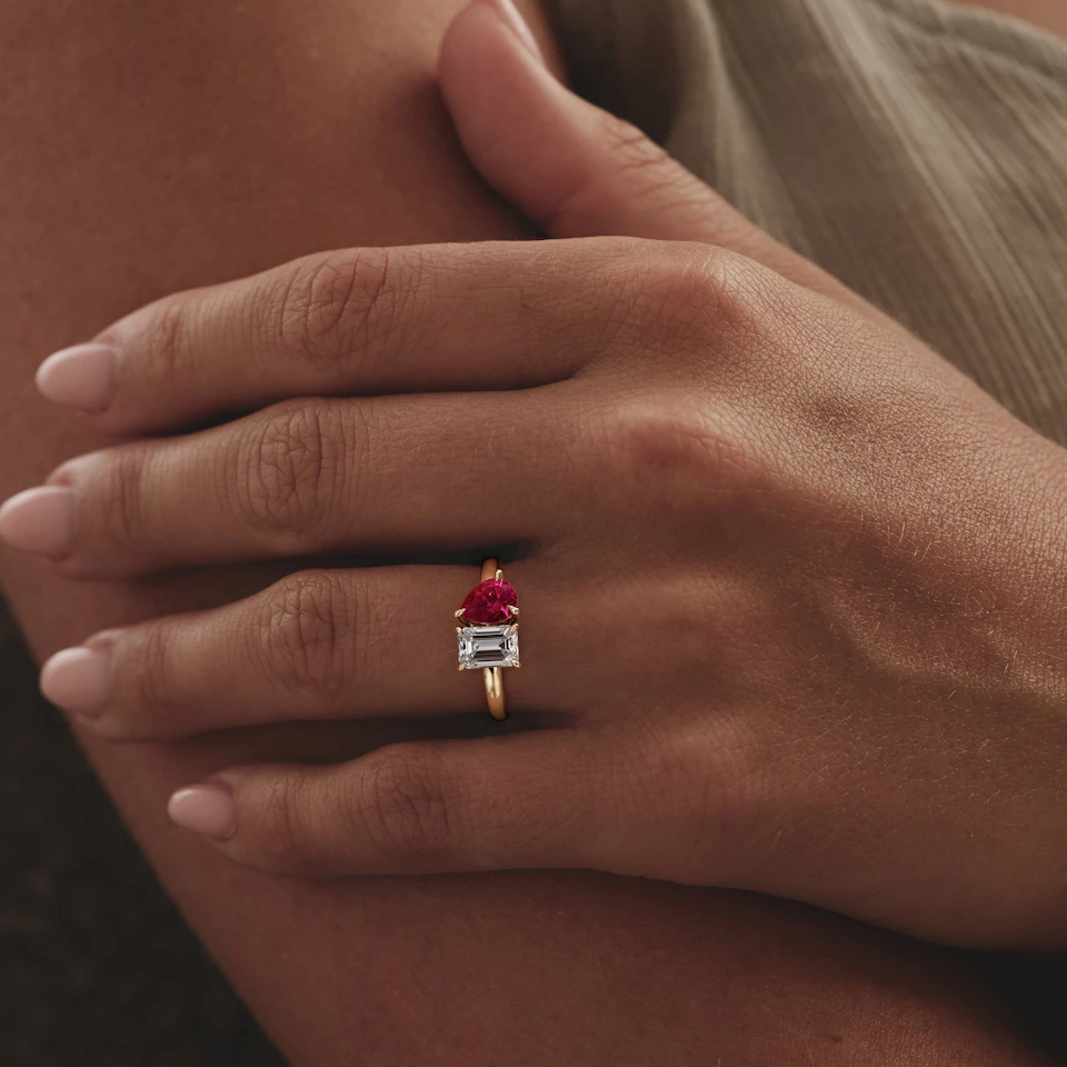 Toi Et Moi 1.50ct Emerald Cut Lab Diamond and 1.50ct Pear Lab Ruby Engagement Ring in 18K Yellow Gold