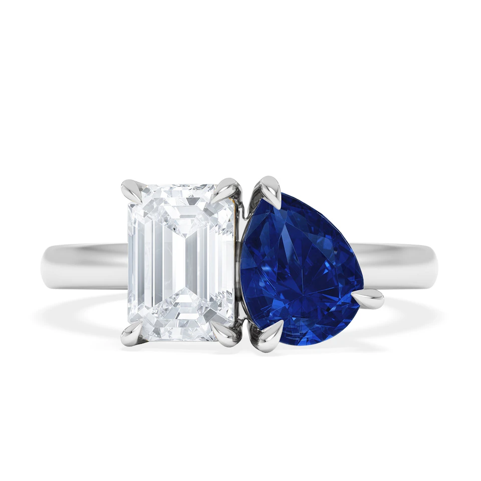 Toi Et Moi 1.50ct Emerald Cut Lab Diamond and 1.50ct Pear Lab Sapphire Engagement Ring in Platinum
