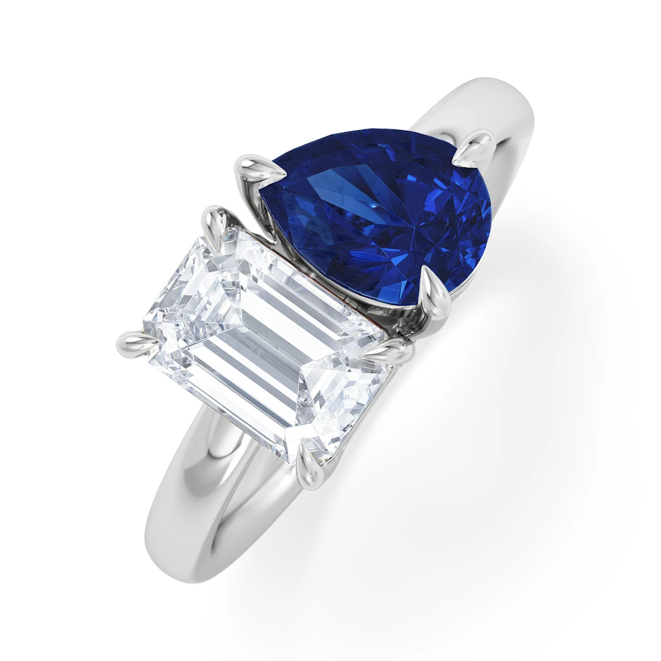 Toi Et Moi 1.50ct Emerald Cut Lab Diamond and 1.50ct Pear Lab Sapphire Engagement Ring in Platinum