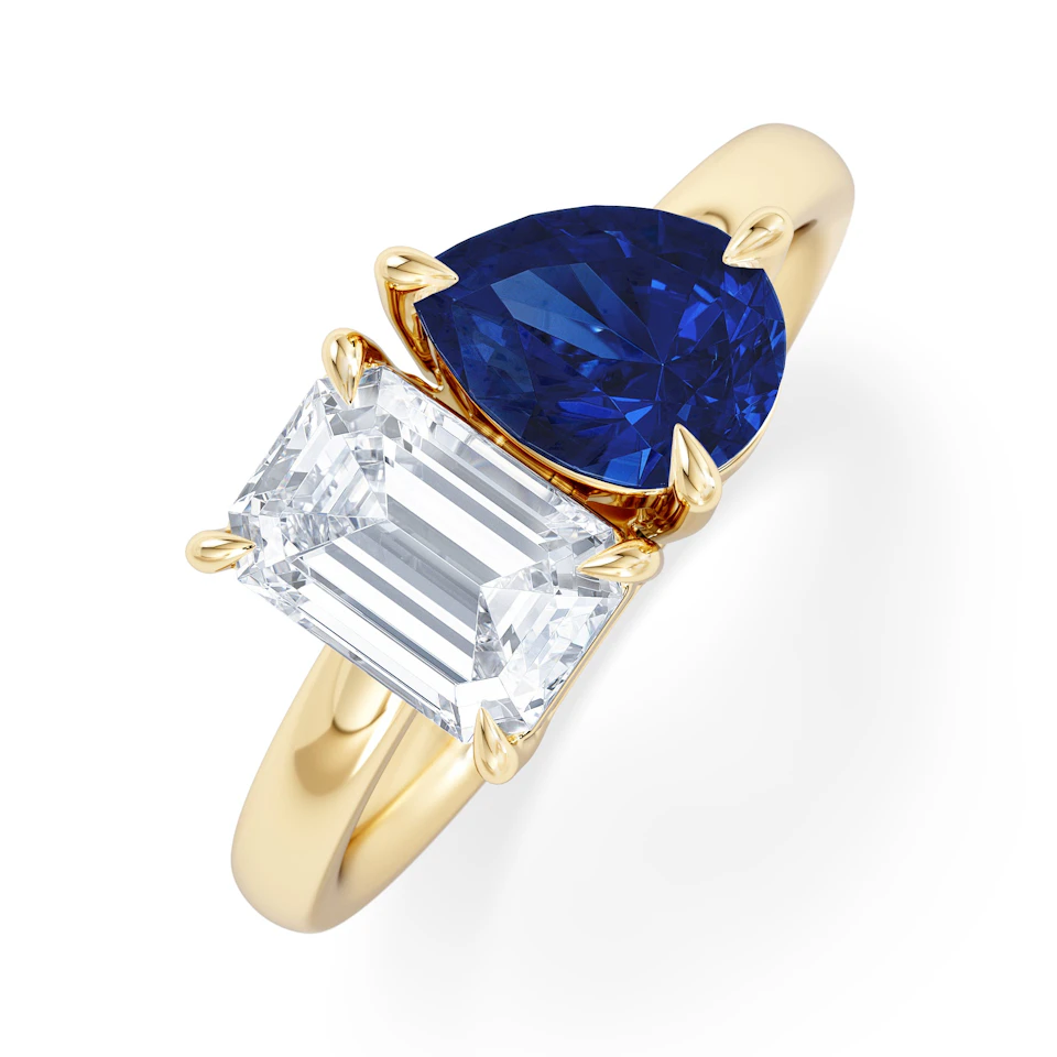 Toi Et Moi 1.50ct Emerald Cut Lab Diamond and 1.50ct Pear Lab Sapphire Engagement Ring in 18K Yellow Gold