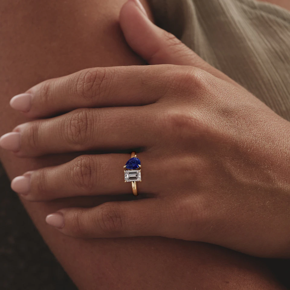 Toi Et Moi 1.50ct Emerald Cut Lab Diamond and 1.50ct Pear Lab Sapphire Engagement Ring in 18K Yellow Gold
