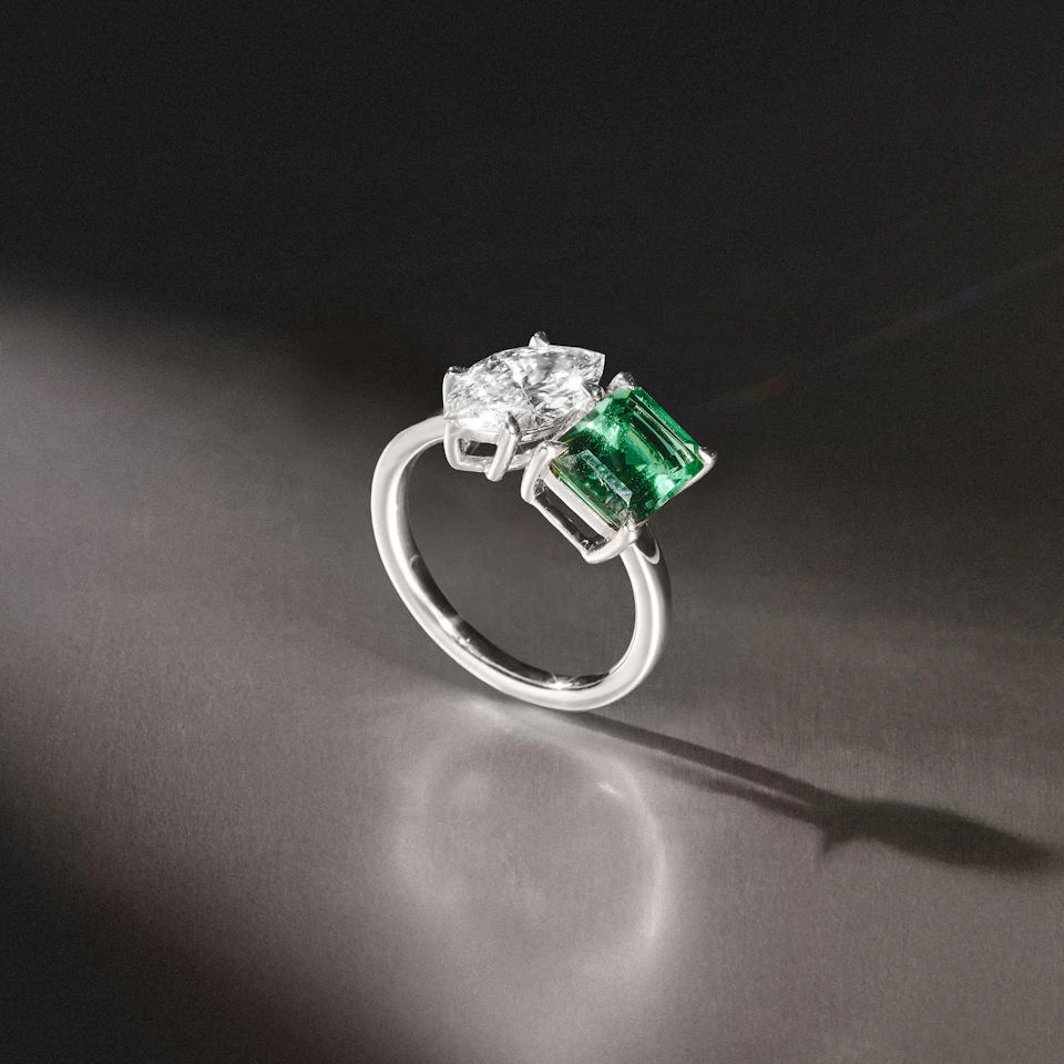 Toi Et Moi 1.50ct Marquise Lab Diamond and 3.30ct Emerald Cut Lab Emerald Engagement Ring in Platinum