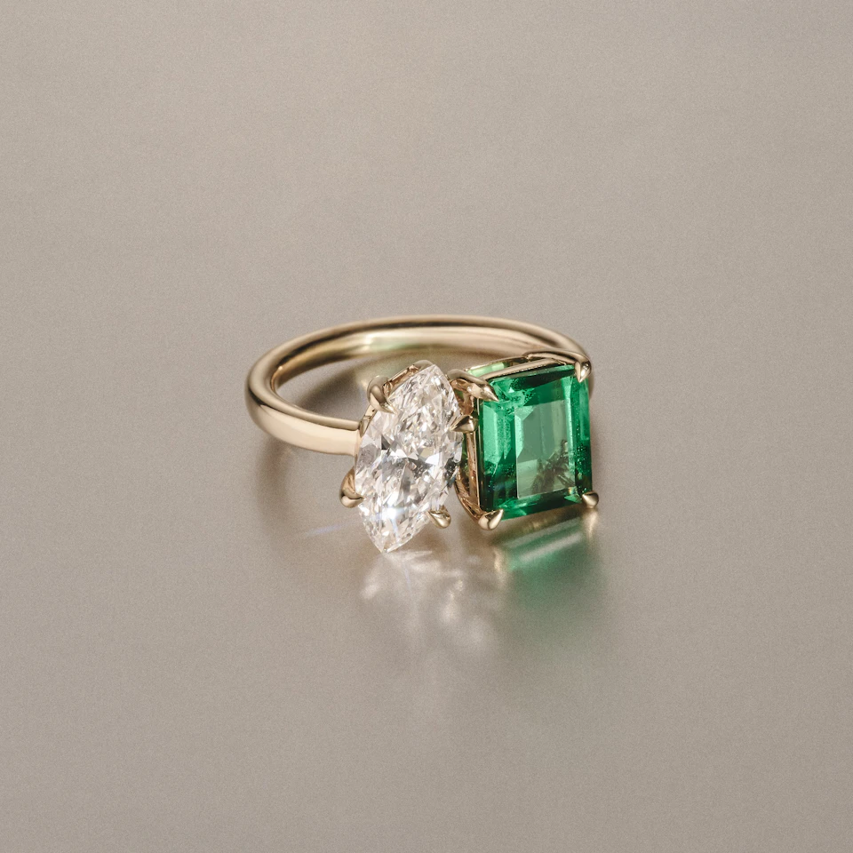Toi Et Moi 1.50ct Marquise Lab Diamond and 3.30ct Emerald Cut Lab Emerald Engagement Ring in 18K Yellow Gold