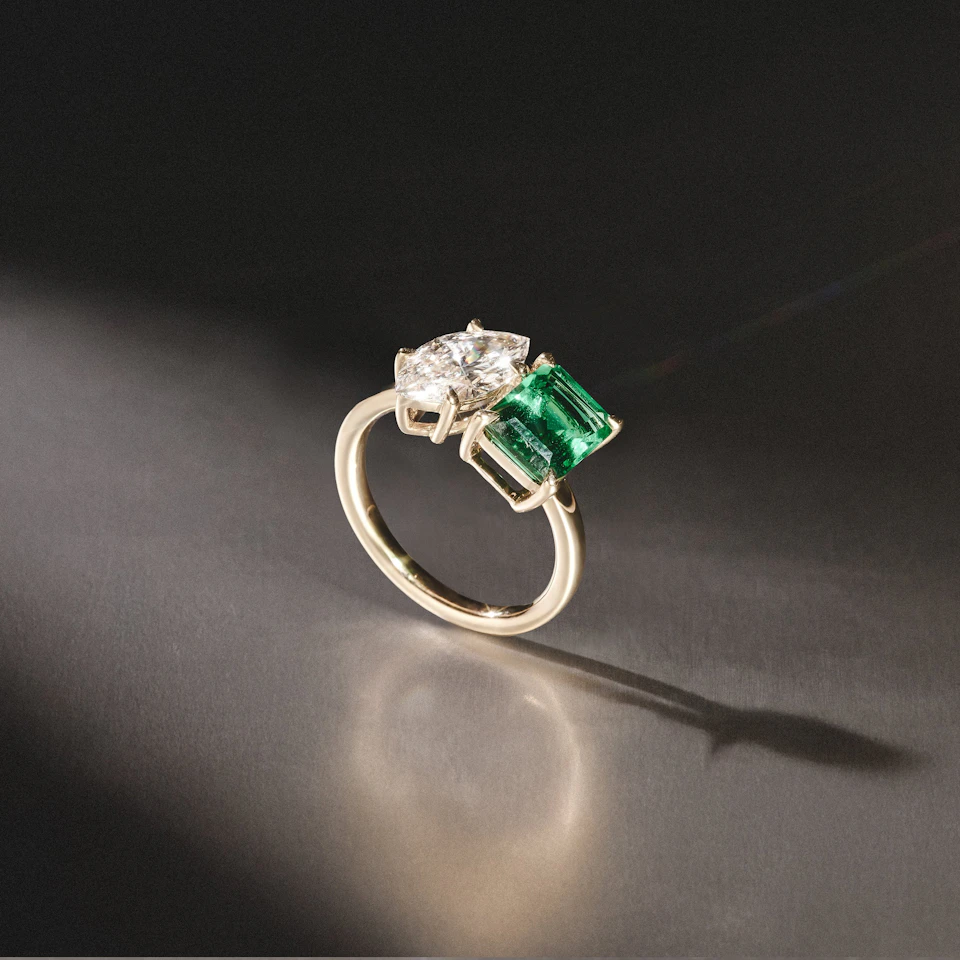 Toi Et Moi 1.50ct Marquise Lab Diamond and 3.30ct Emerald Cut Lab Emerald Engagement Ring in 18K Yellow Gold