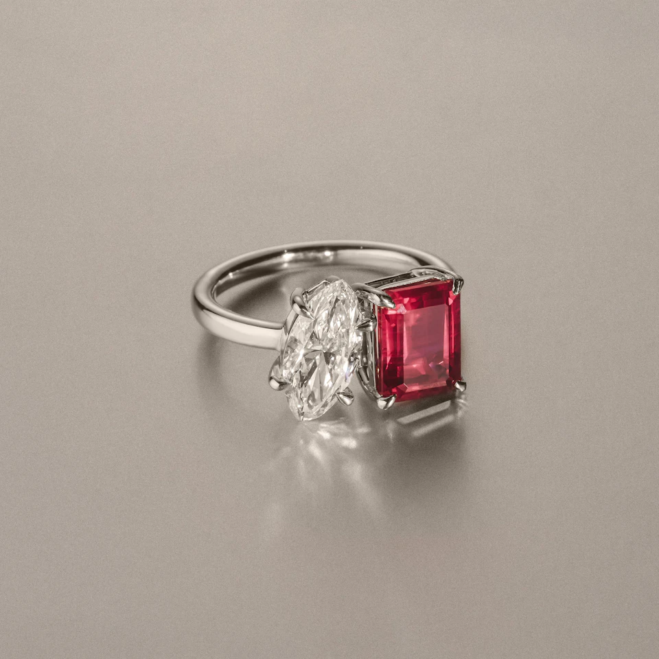 Toi Et Moi 1.50ct Marquise Lab Diamond and 3.30ct Emerald Cut Lab Ruby Engagement Ring in Platinum
